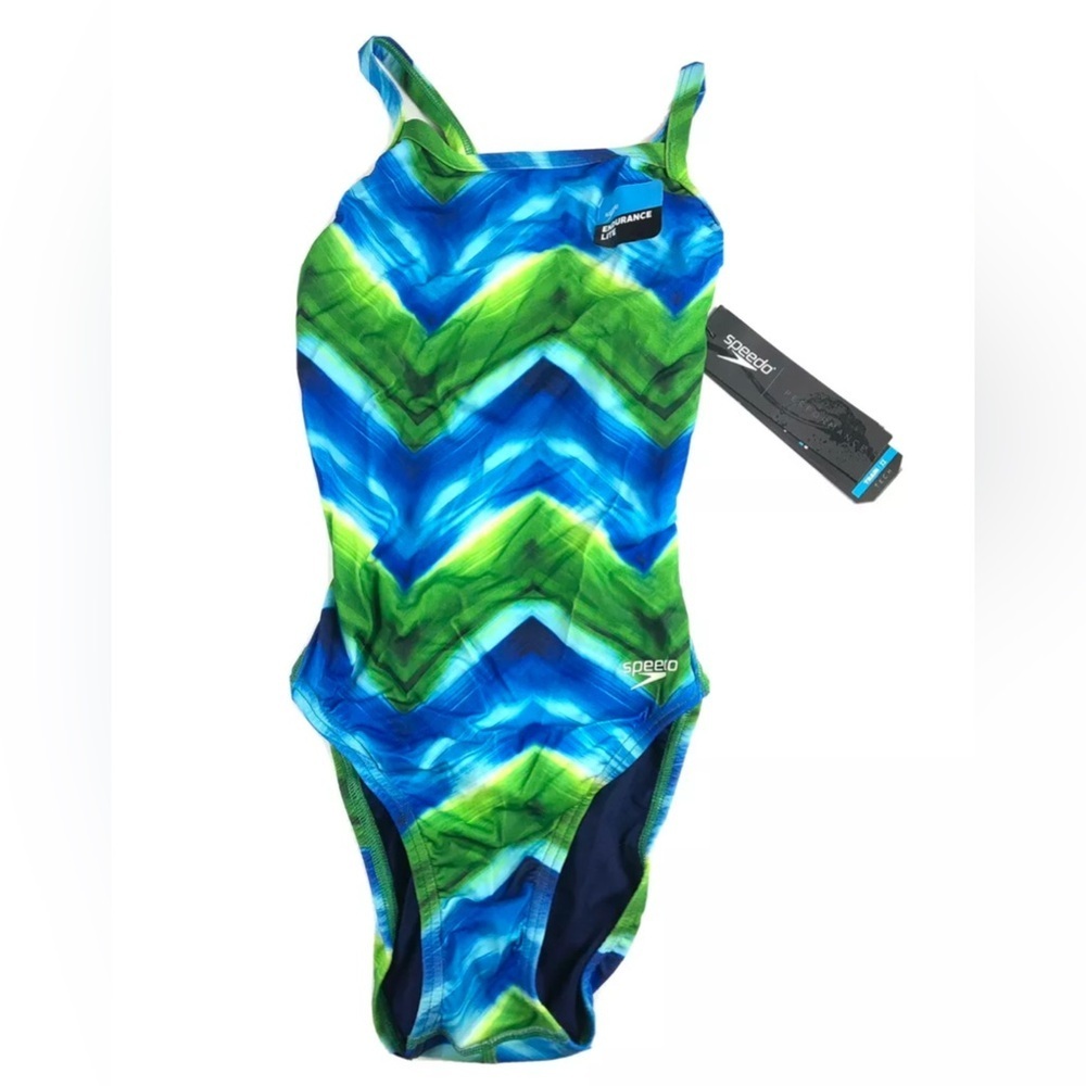 Speedo, Women’s Flyback One Piece Swimsuit, Green, Blue, Size 26